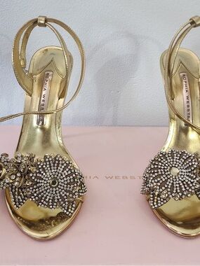 Sophia Webster Metallic Gold Crystal Floral Strap Sandals